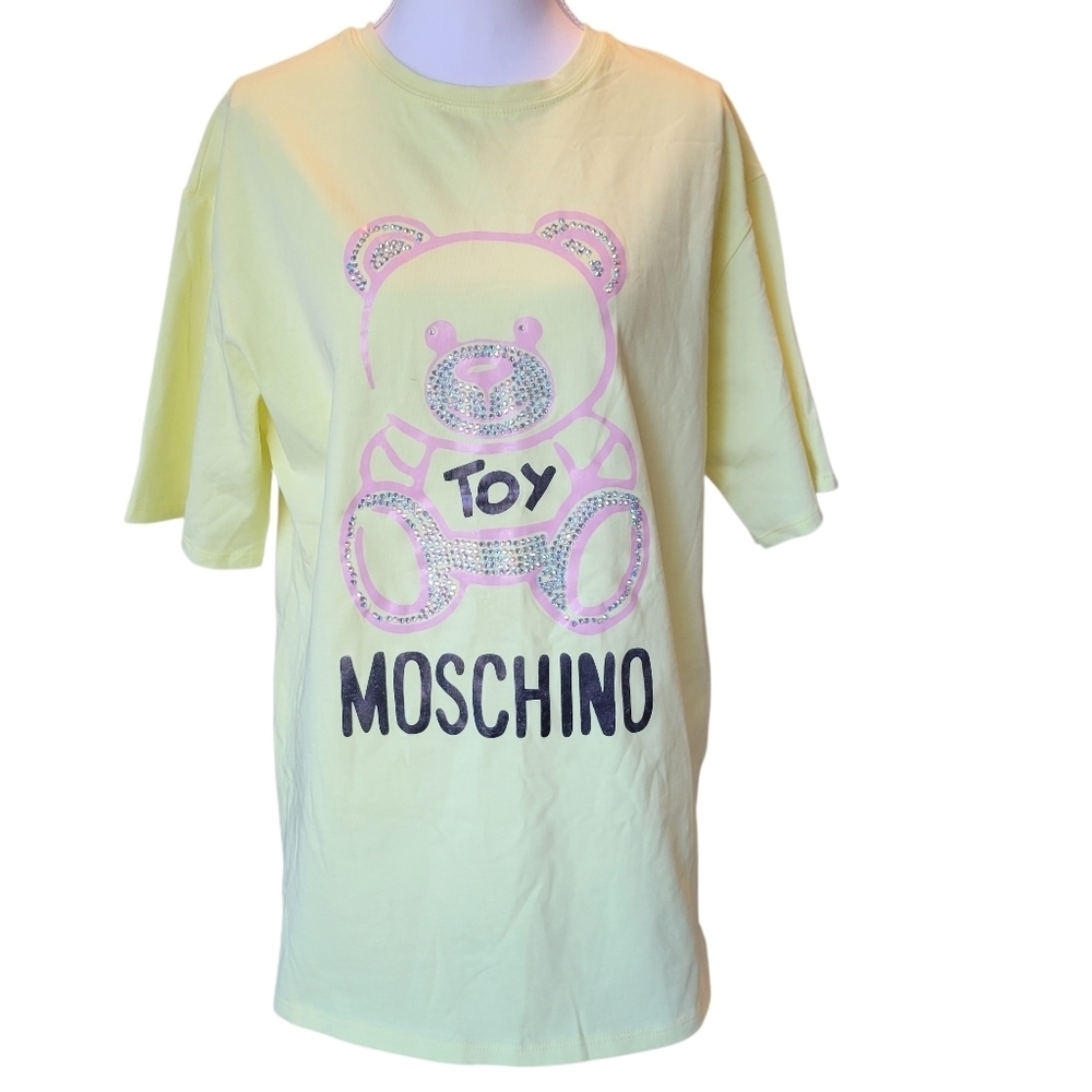 Neon Yellow Pink Rhinestone Embellished Teddy Bear Tee Shirt